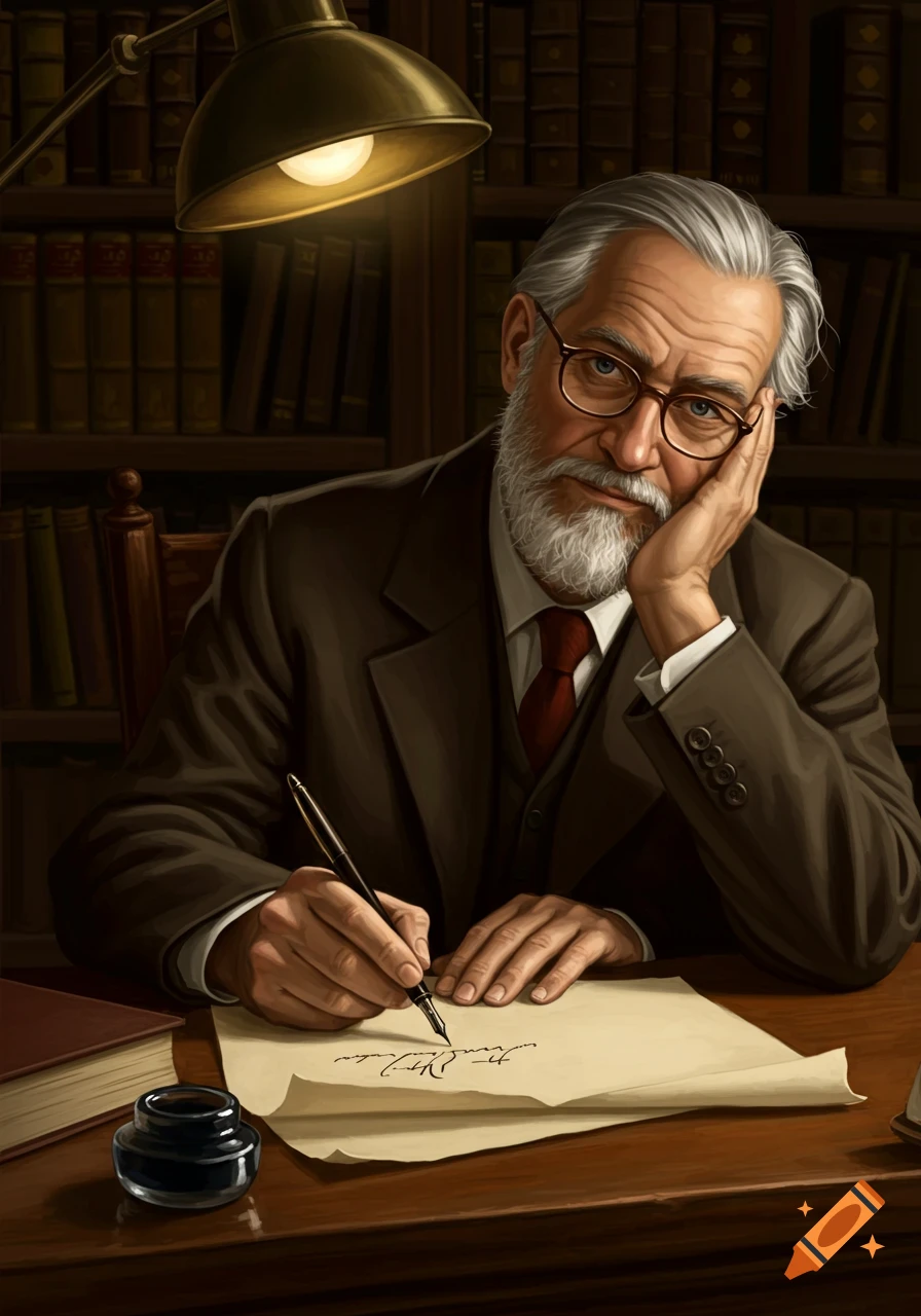 An older, bearded man with glasses sits at a desk under a lamp, writing on paper with a fountain pen in a dimly lit library.
