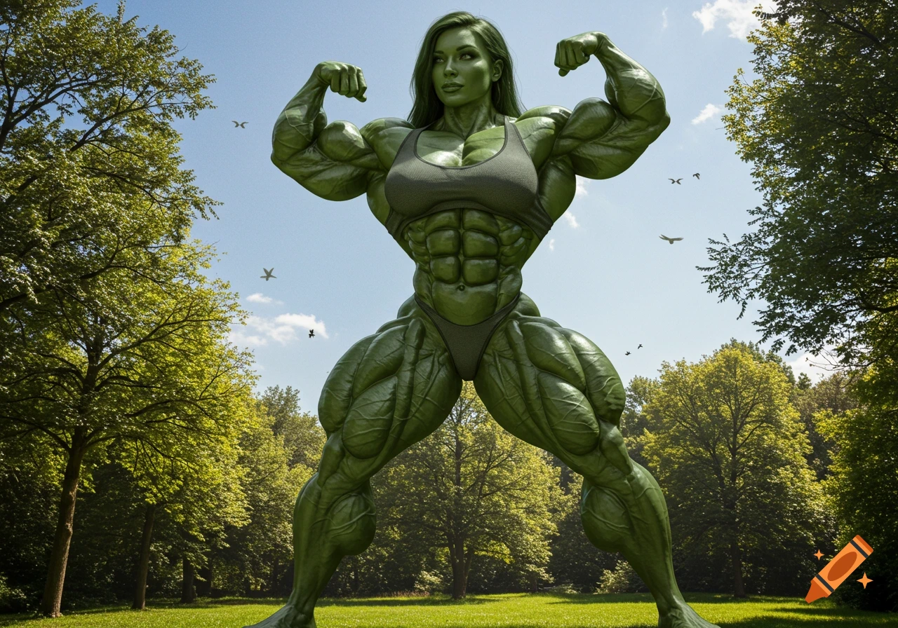 A photorealistic, extremely muscular green she-hulk flexing her biceps and abs in a grassy park under a blue sky.