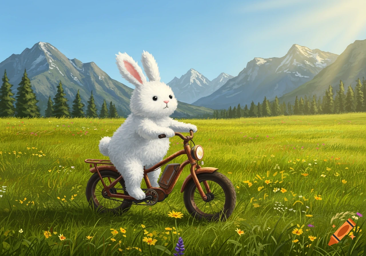 A fluffy white bunny rides a rusty e-bike through a vibrant green field with flowers, under a clear blue sky with snow-capped mountains.