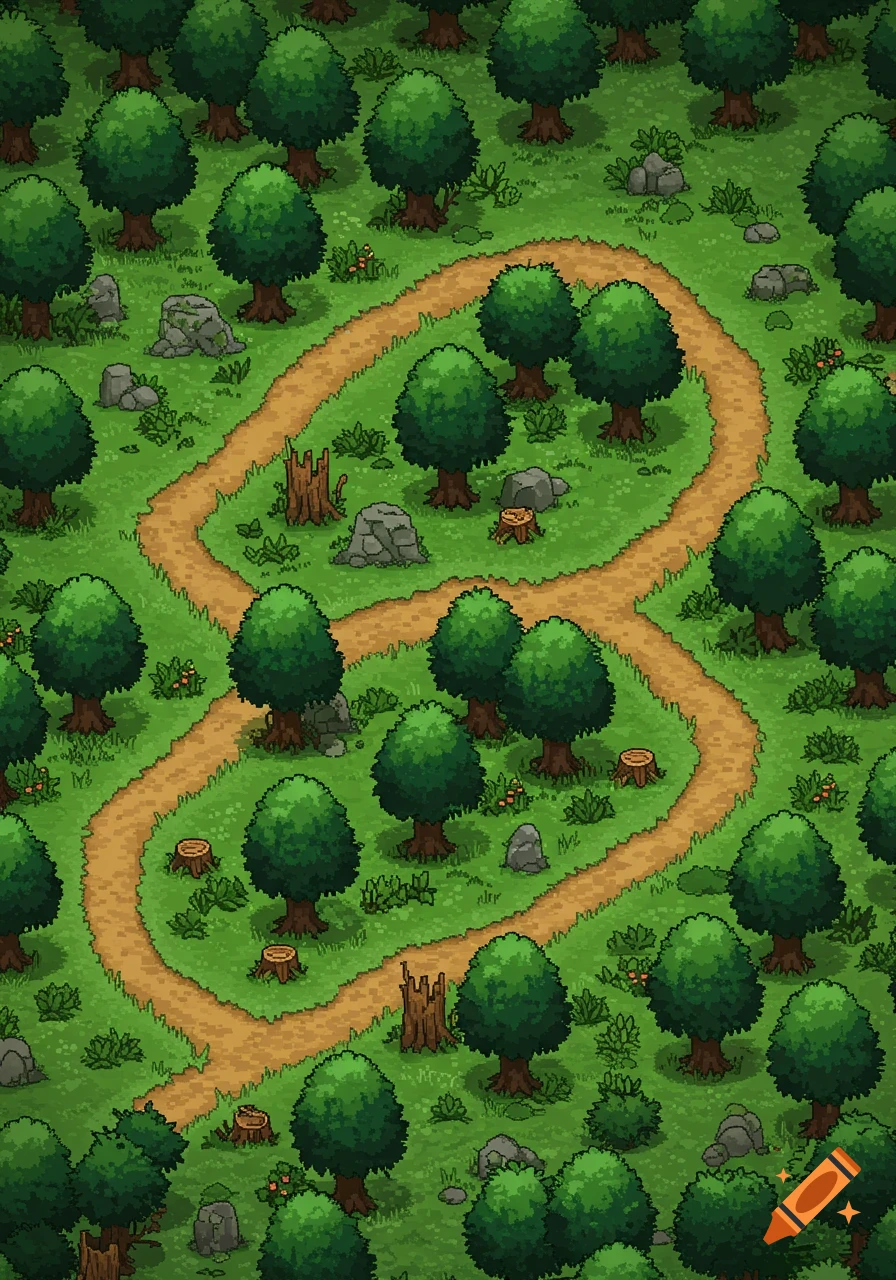 A top-down pixel art fantasy game map of a dense forest maze with winding dirt paths, trees, rocks, and stumps.