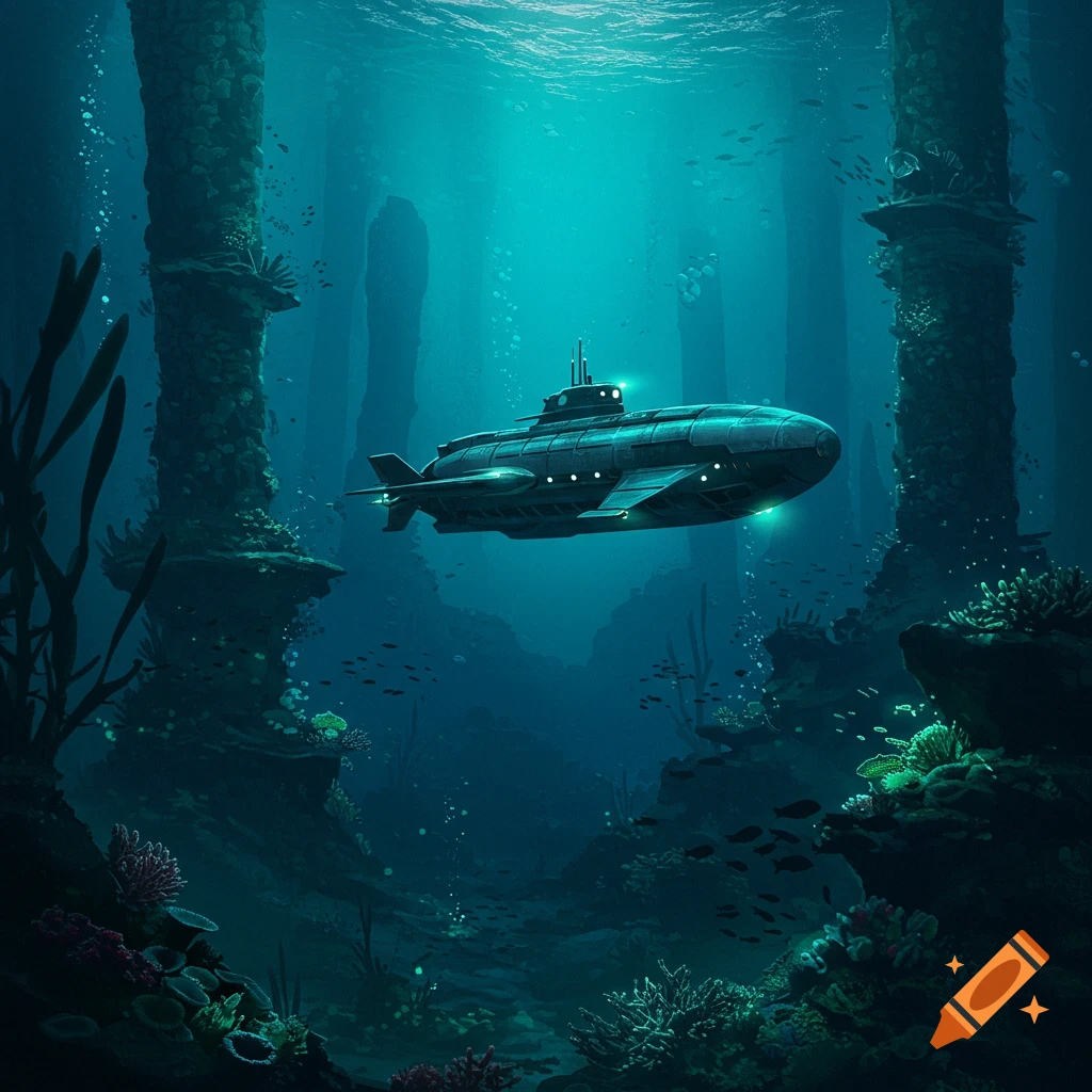 A submarine with lights navigates through a vibrant, bioluminescent underwater canyon filled with coral and fish, with light filtering from the surface.