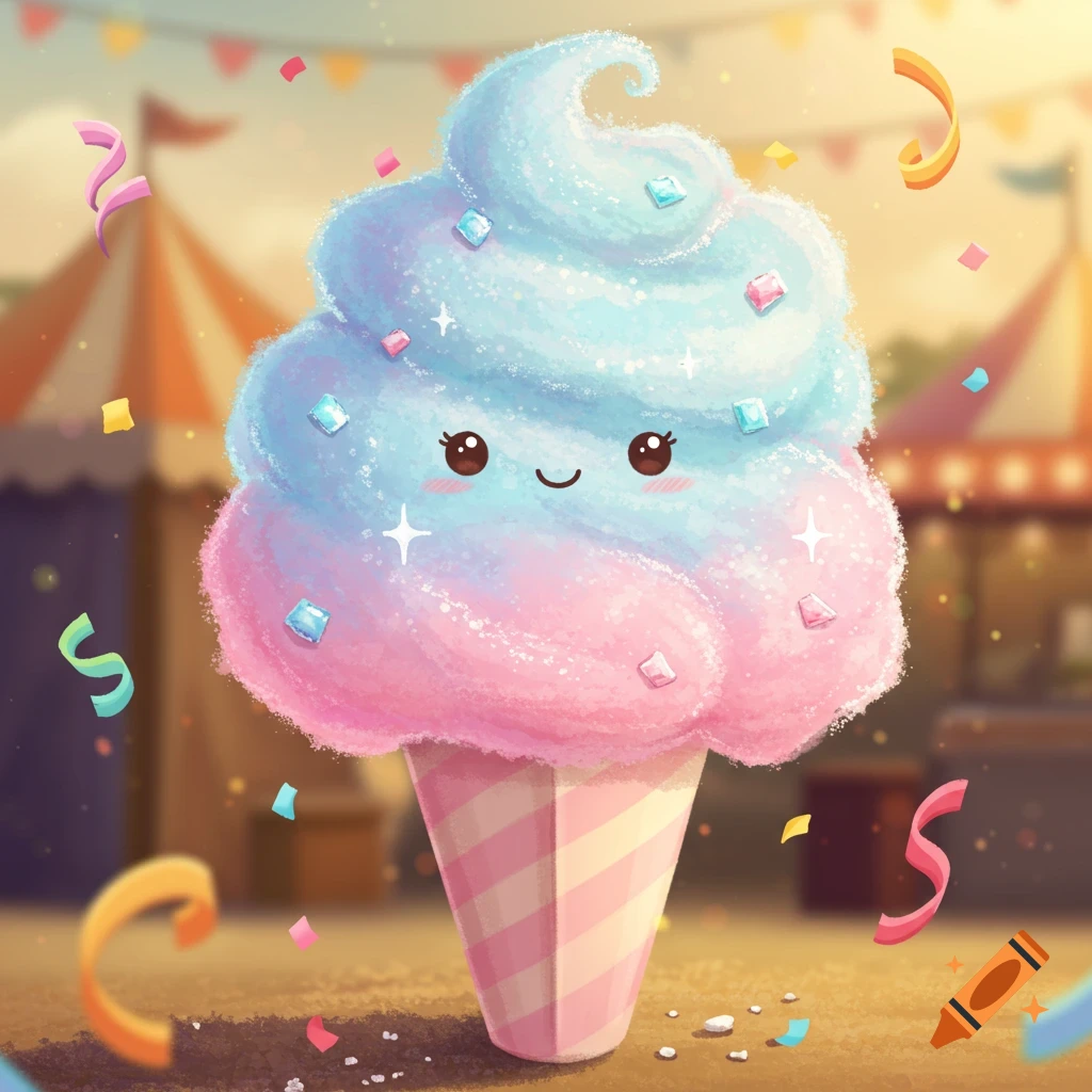A cute, smiling blue and pink cotton candy cone illustration surrounded by confetti at a carnival.