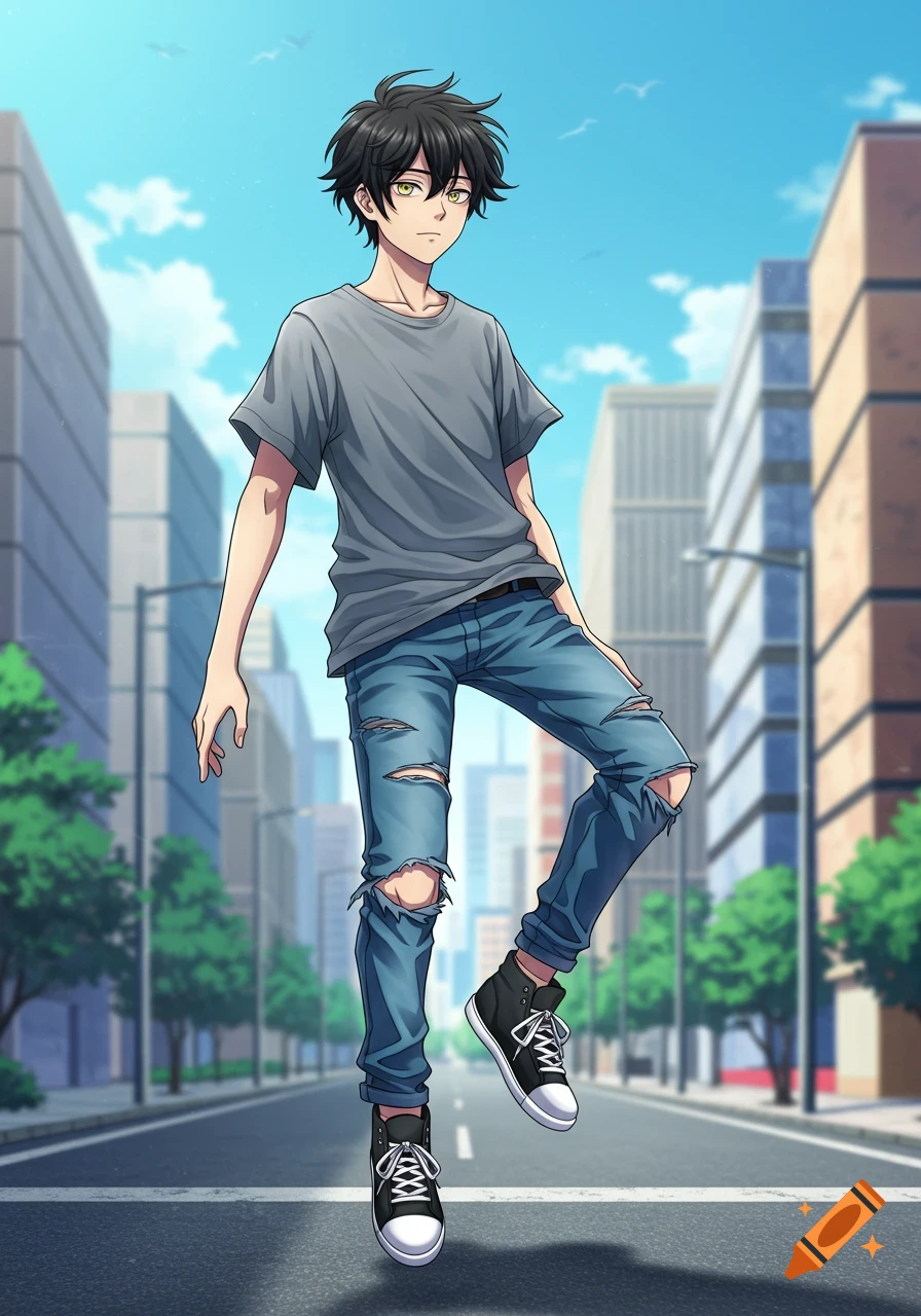 An anime teenage boy with black hair, green eyes, wearing a grey t-shirt, ripped jeans, and black sneakers, hovers above a city street.