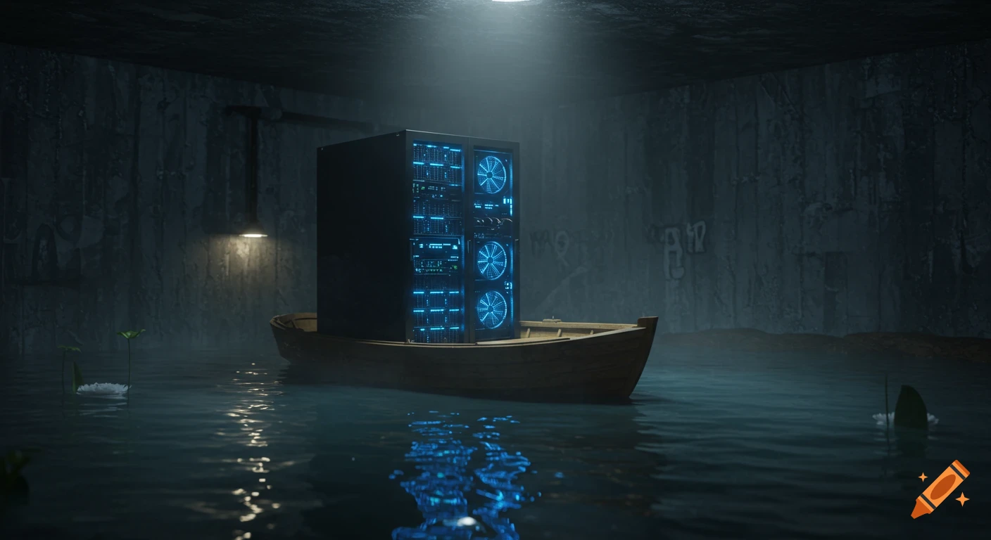 Photorealistic server rack with glowing blue LEDs on a wooden boat in a dark, flooded concrete bunker with dim lighting.