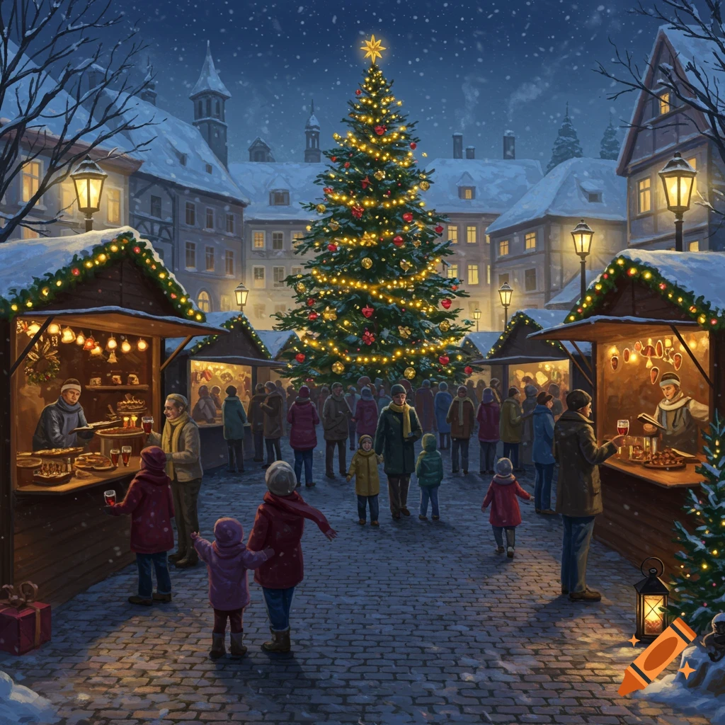 A bustling Christmas market at night, with snow falling on a large decorated tree, market stalls, and people browsing.