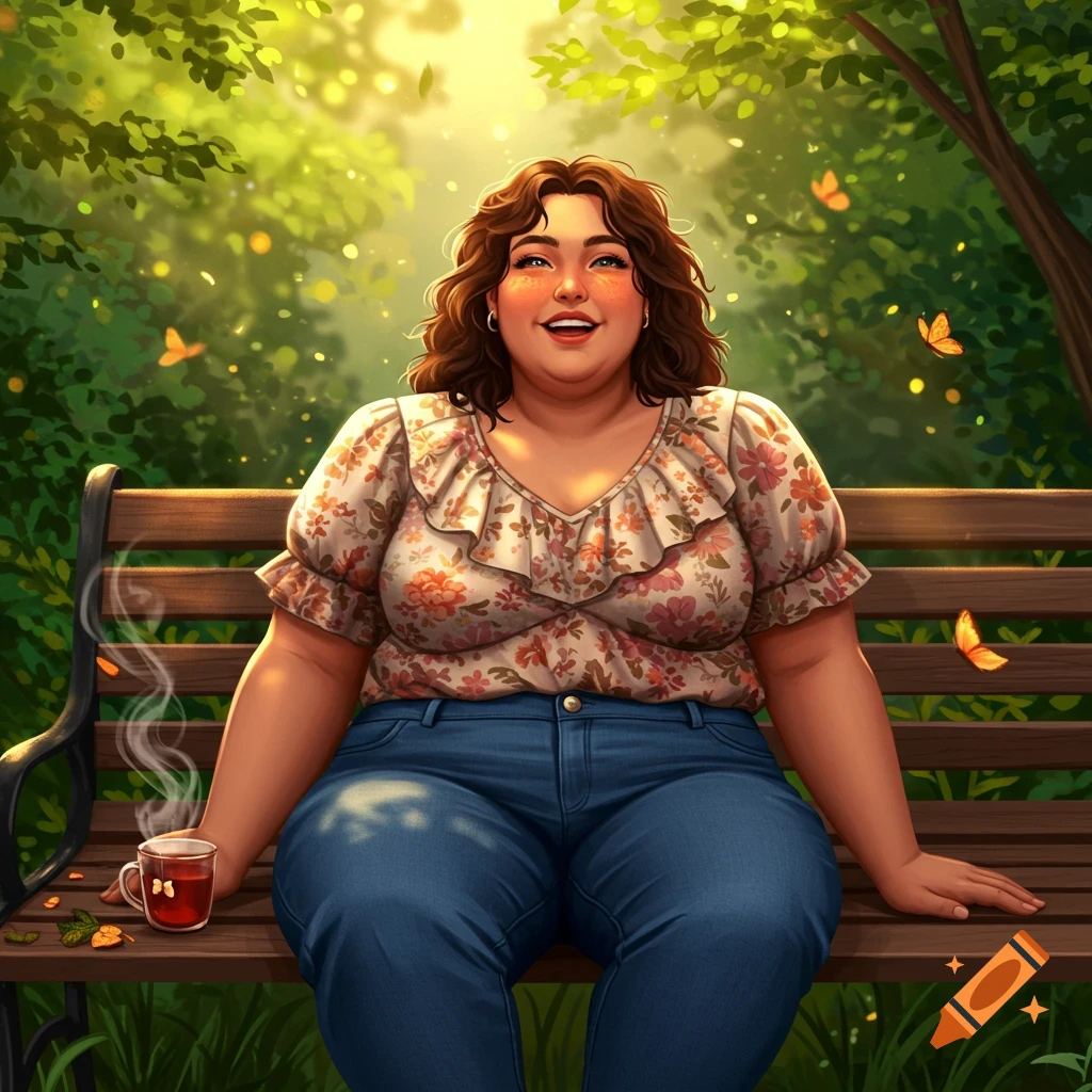 A cheerful plus-sized woman with brown hair sits on a park bench, holding a steaming cup amidst vibrant green foliage and glowing sunlight, in a digital art style.