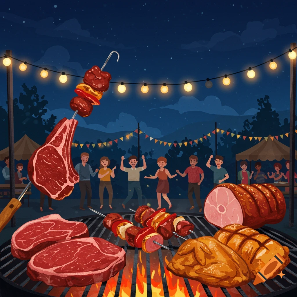 Illustration of a nighttime barbecue party with various meats grilling, string lights, and people dancing in the background.
