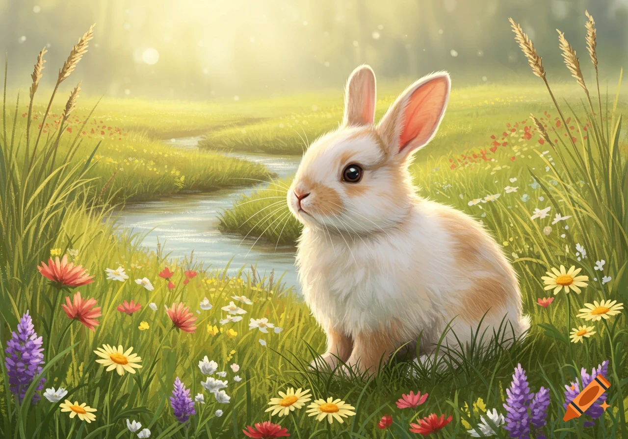 A fluffy white and brown rabbit sits in a sunlit meadow among colorful flowers beside a winding stream, digital illustration.