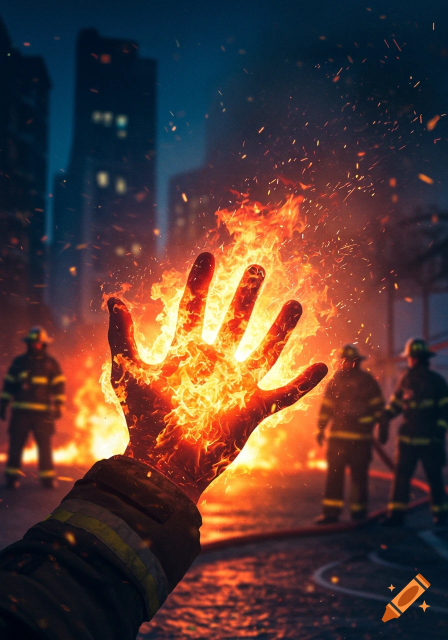 A hand engulfed in bright flames, with sparks flying, against a blurred background of firefighters and city buildings at night.
