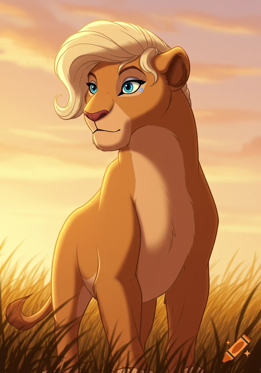 A cartoon lioness with blonde bangs and blue eyes stands in tall grass at sunset, in the style of The Lion King.