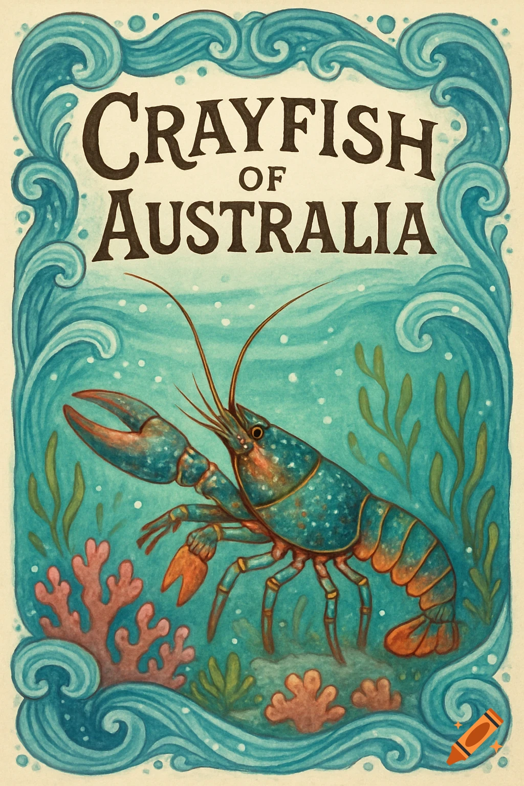 A vintage-style illustration of a blue and orange crayfish underwater with coral, featuring the title 'CRAYFISH OF AUSTRALIA'.