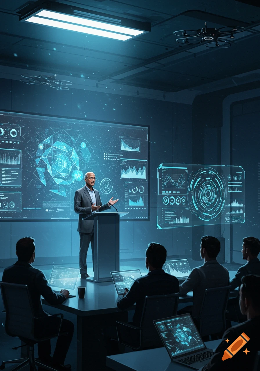 A tech leader gives a presentation in a futuristic room with glowing screens displaying data and drones overhead.