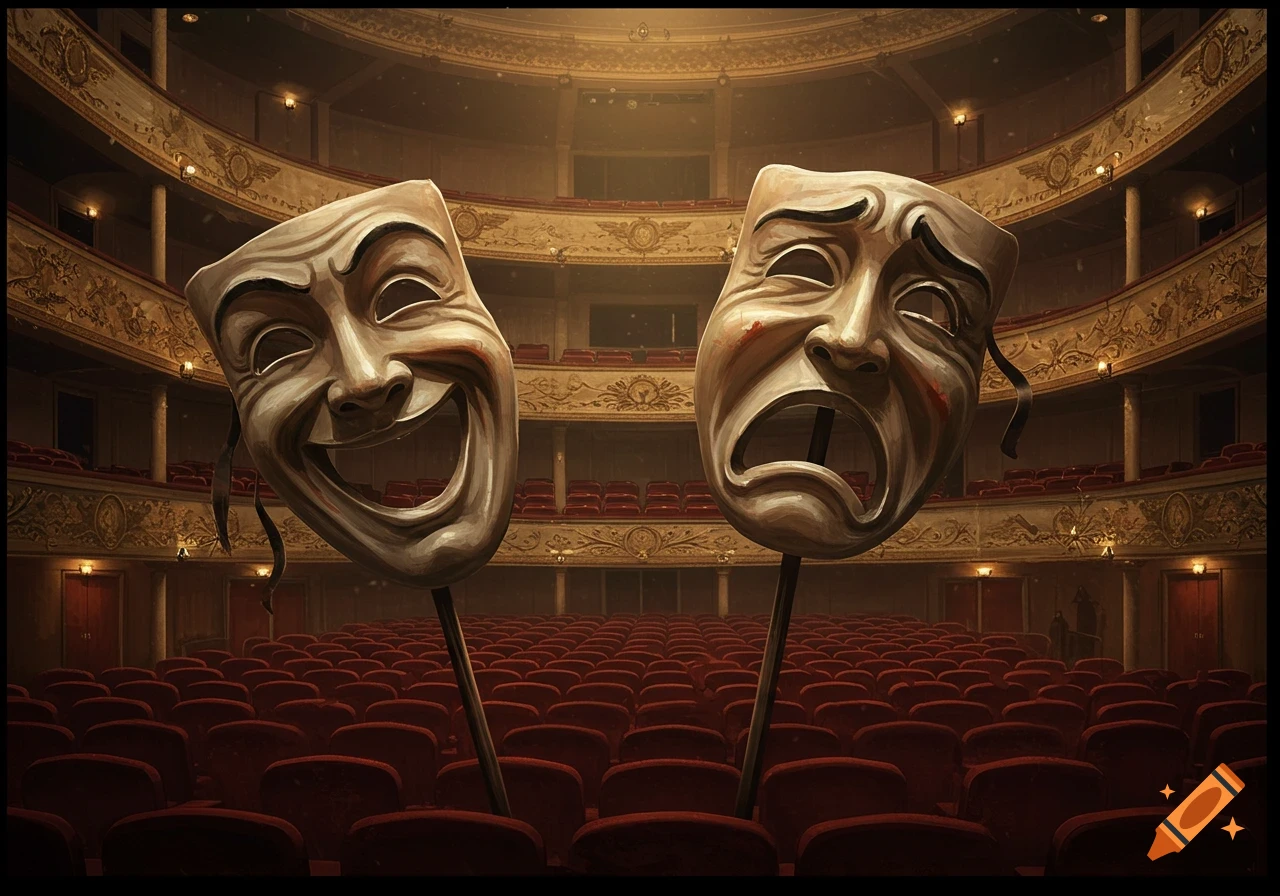 A laughing comedy mask and a crying tragedy mask on poles in a grand, empty theater with red seats and ornate balconies.