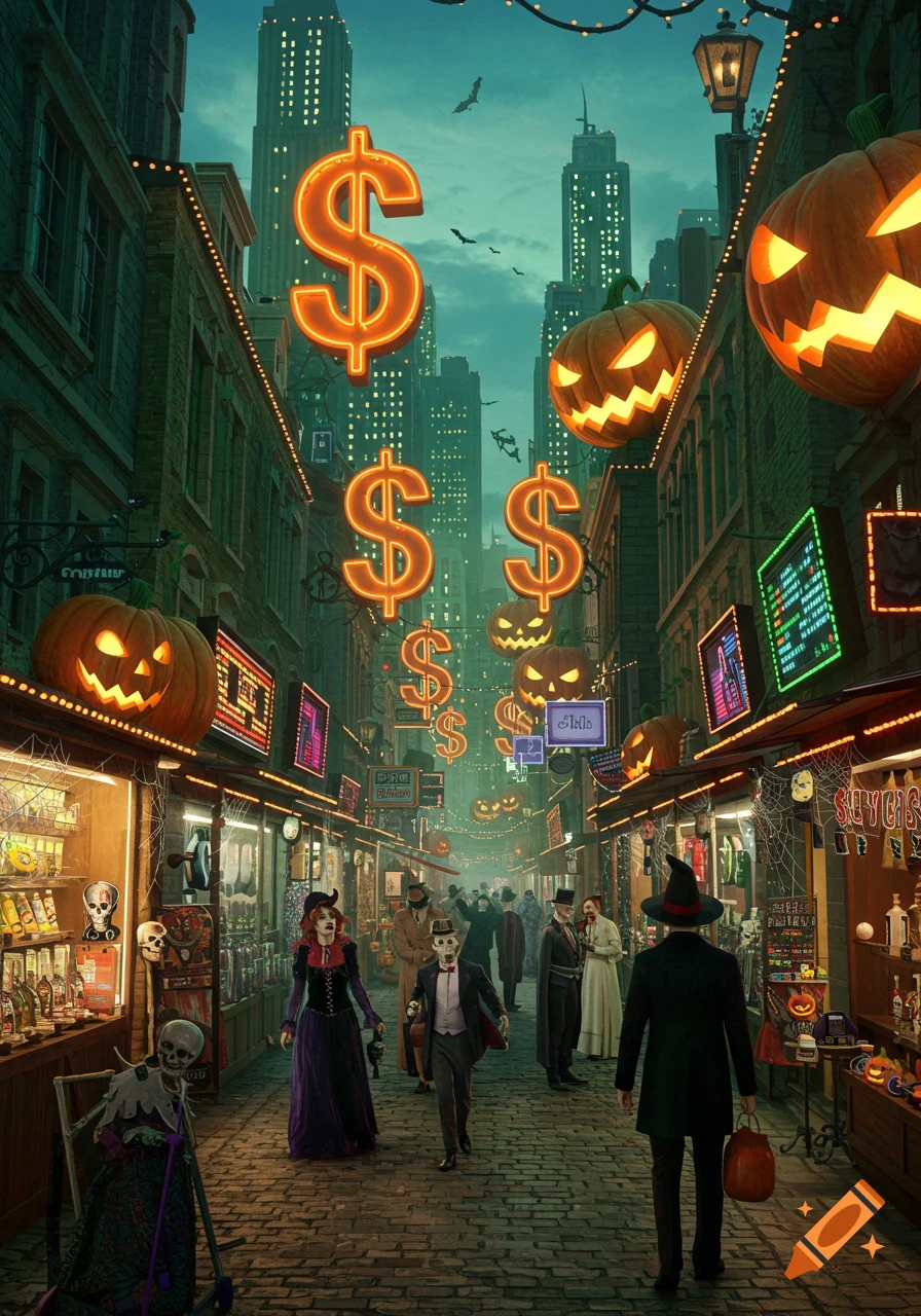 A Halloween-themed street scene in a city at dusk, with glowing jack-o'-lanterns, neon dollar signs, and costumed people passing by market stalls.