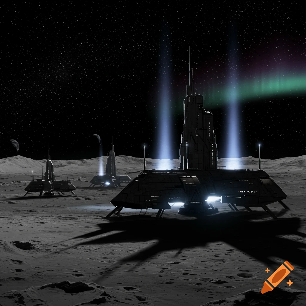 Futuristic alien base on a cratered moon surface under a starry sky with moons and an aurora borealis-like light.