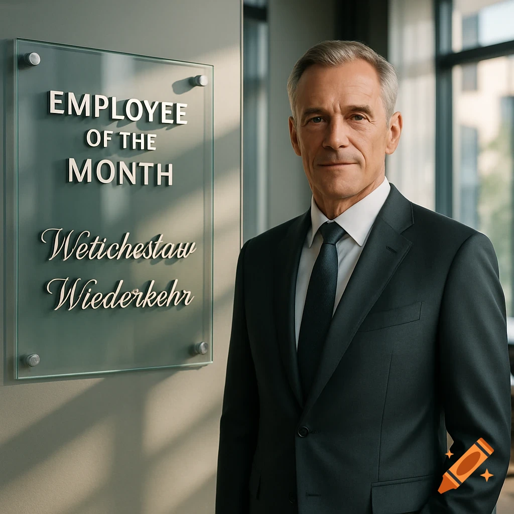 Photorealistic portrait of a distinguished man in a dark suit standing next to an 'Employee of the Month' plaque in an office.