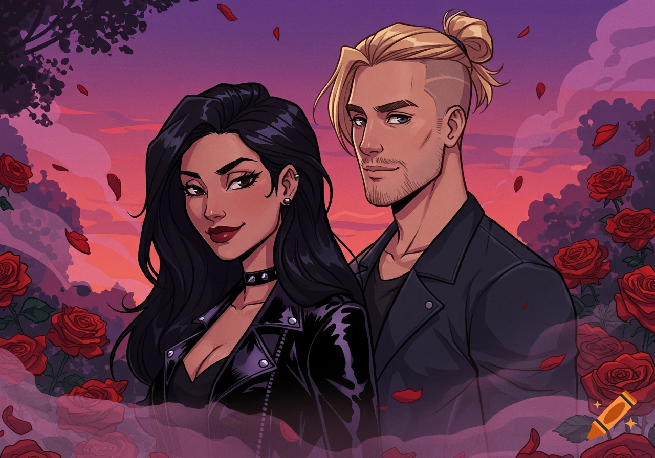 A stylized cartoon couple, a dark-haired woman and a blonde man in leather jackets, standing in a romantic setting with red roses and a purple sunset.