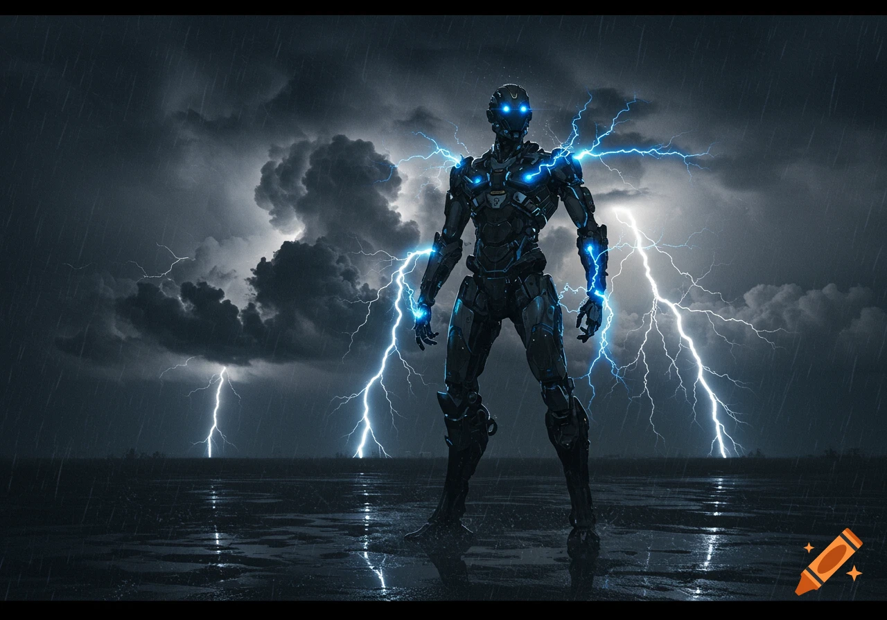 An armored robot with glowing blue eyes and chest stands in a stormy, rainy landscape, surrounded by bright lightning.