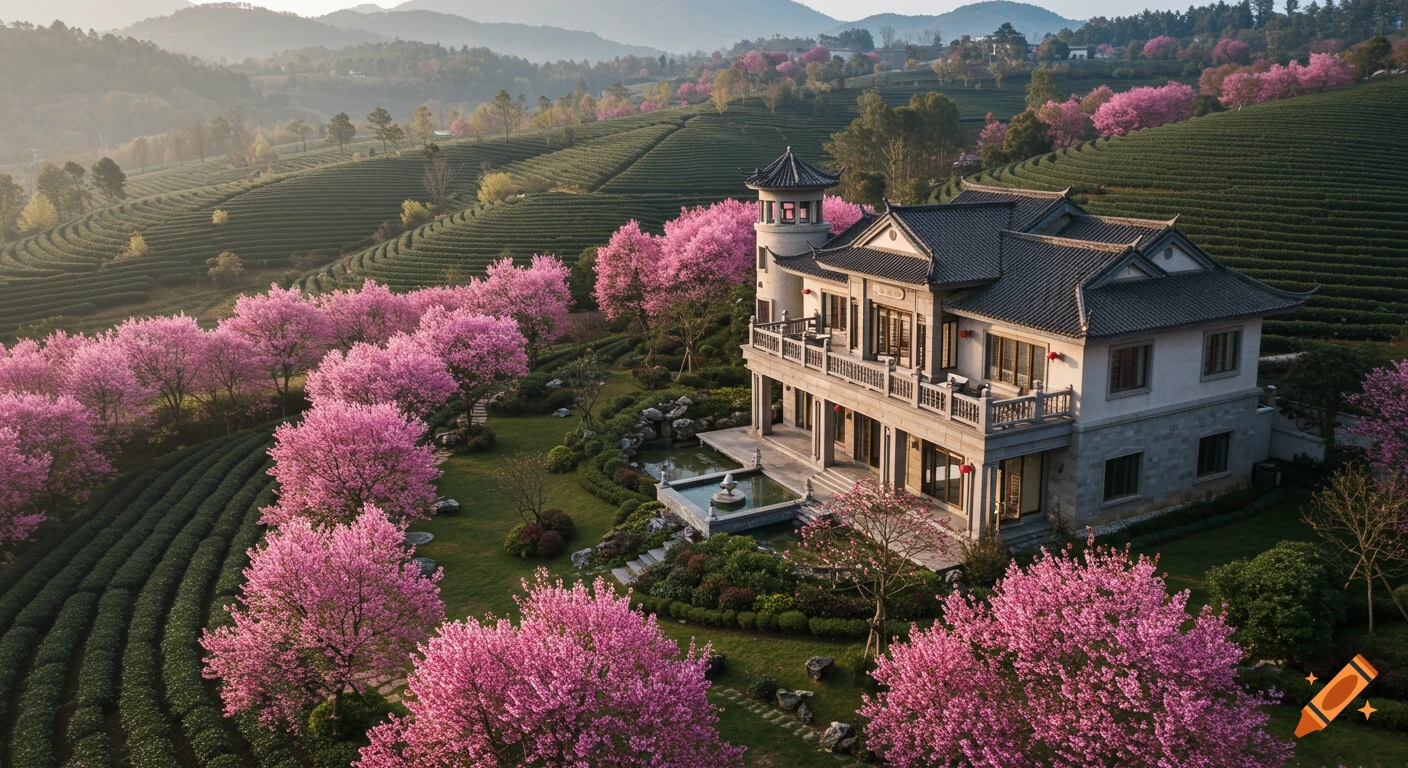 Photorealistic aerial view of a traditional Chinese house and pagoda tower surrounded by vibrant pink cherry blossoms and terraced green tea fields.