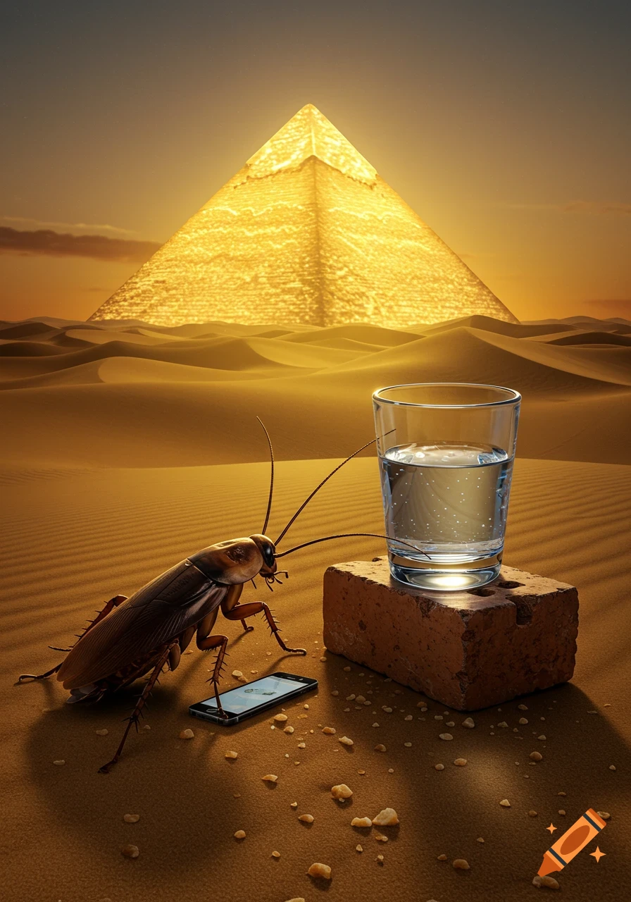 A giant cockroach examines a smartphone in a desert with a glowing golden pyramid at sunset. A glass of water is on a brick.