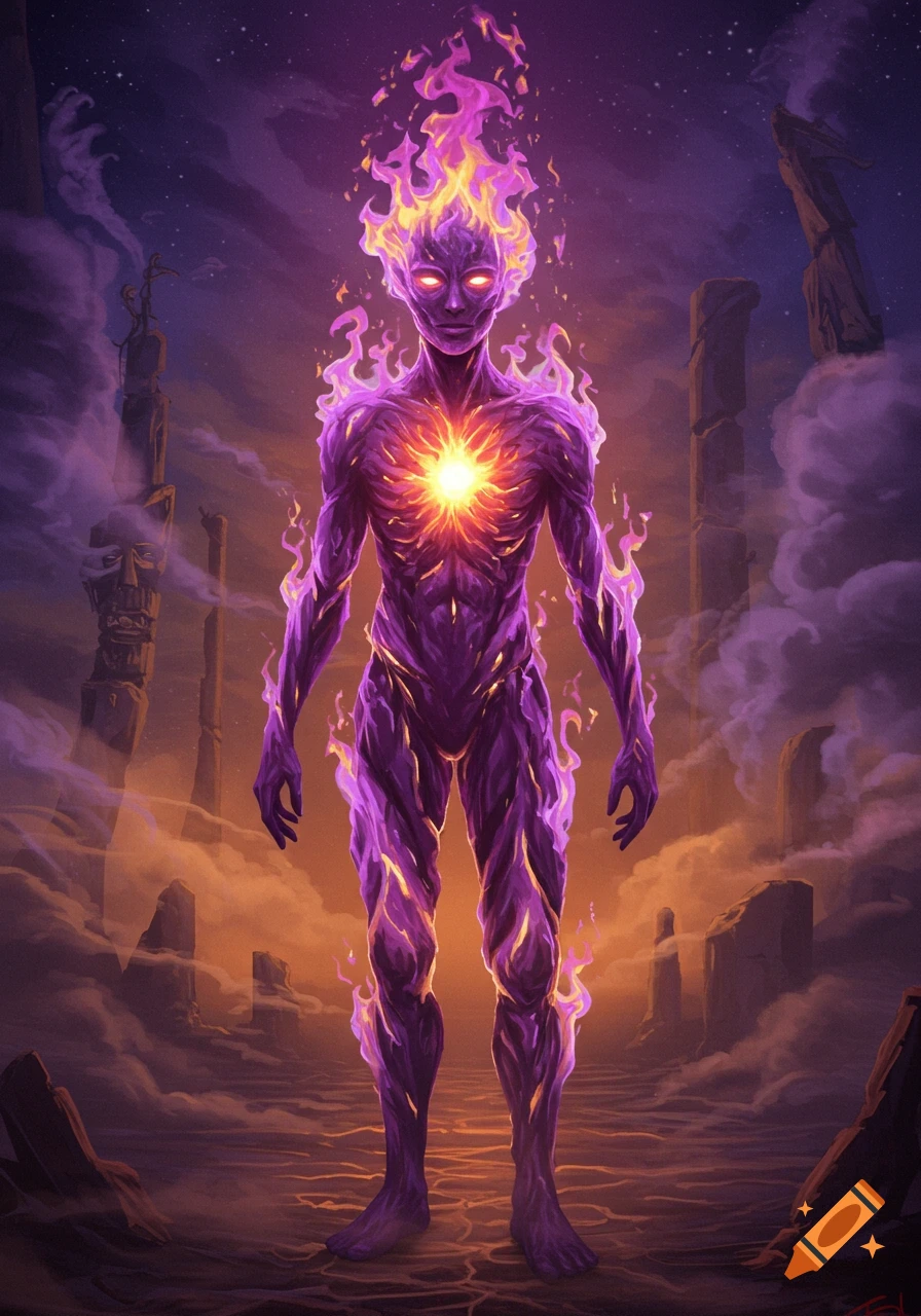 A humanoid figure composed of purple flames stands in a mystical, dark landscape with ancient pillars under a starry sky.