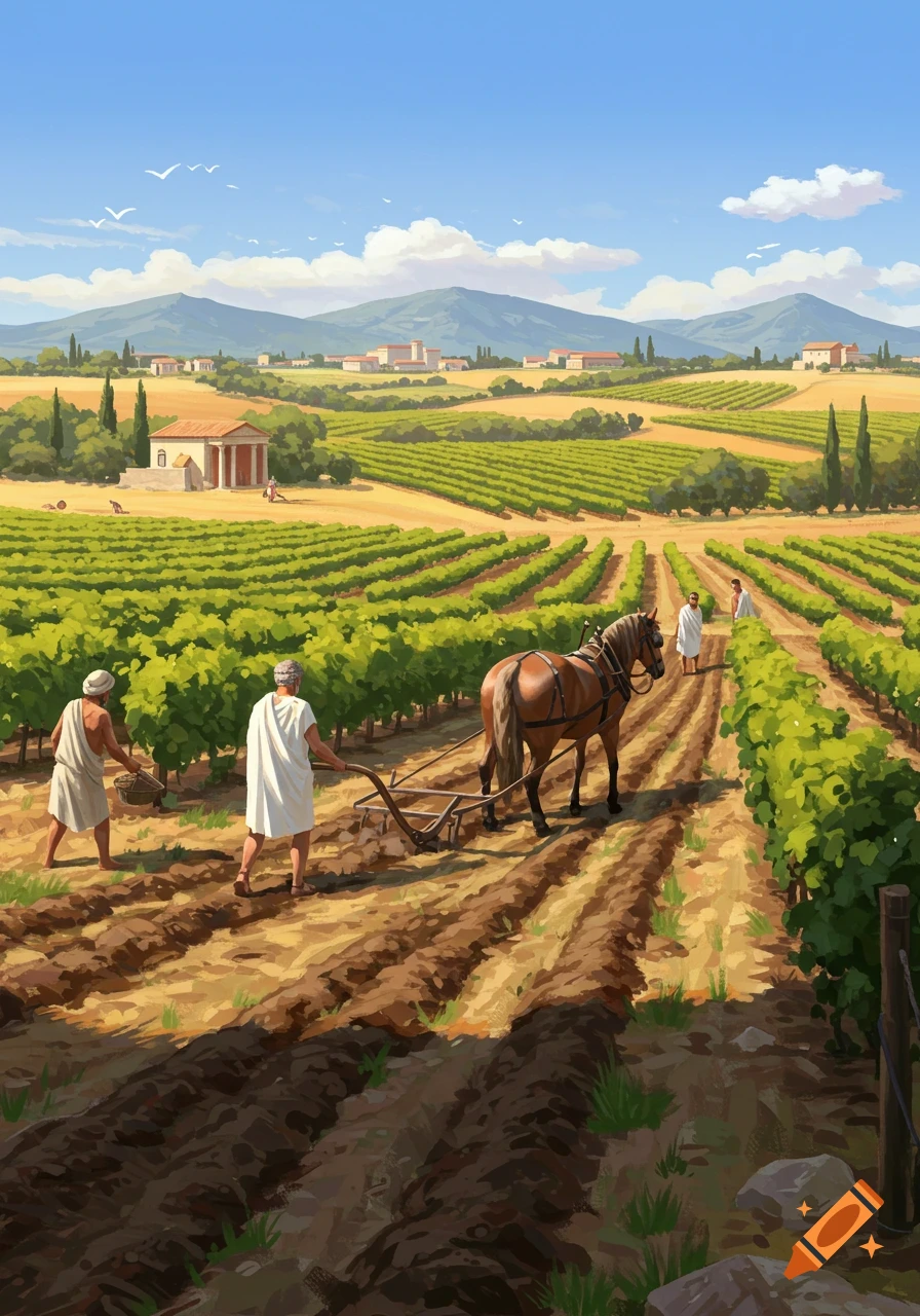 Illustrative view of Roman farmers plowing a sunny vineyard with a horse, surrounded by villas and hills.