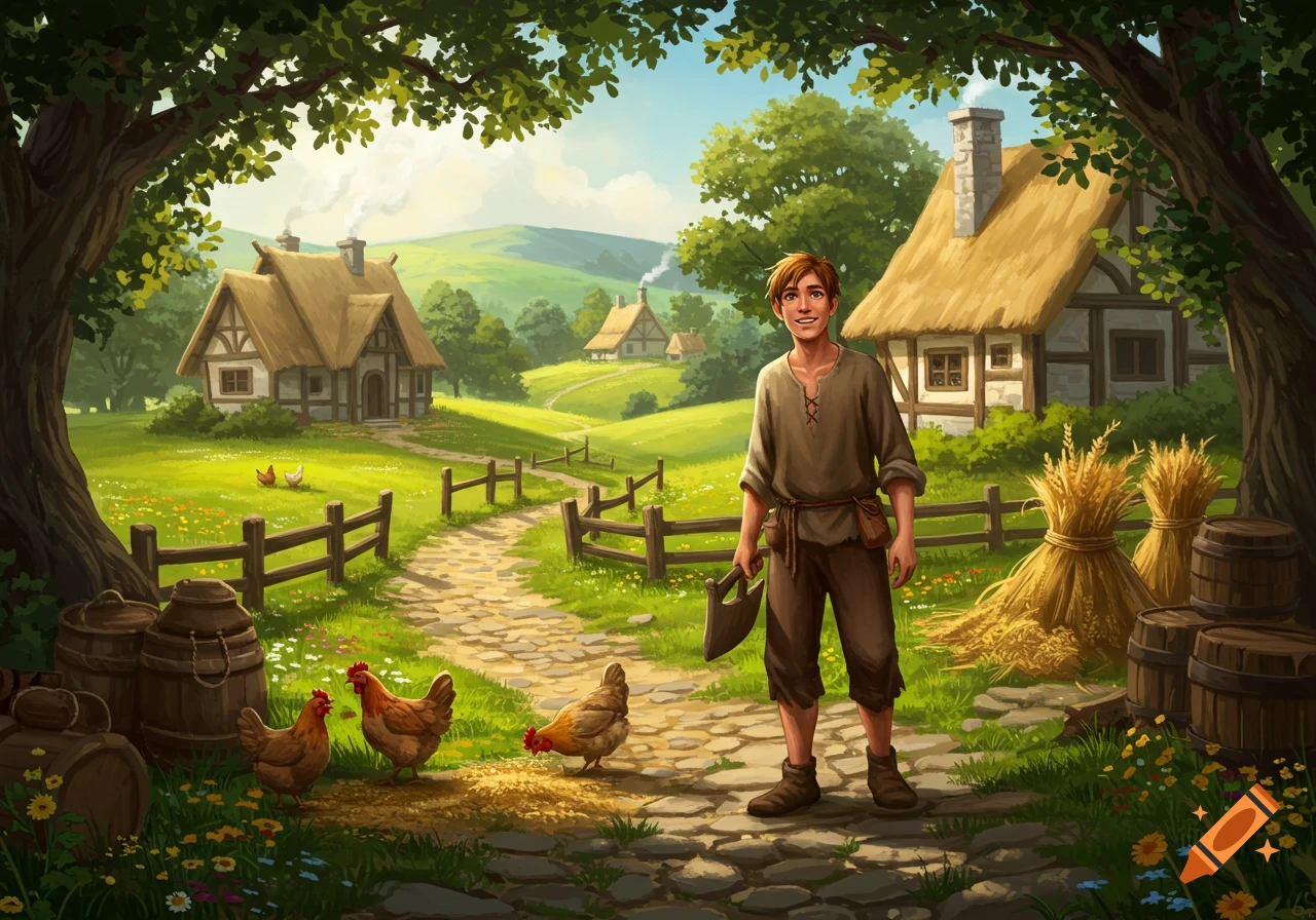 A smiling young peasant man on a cobblestone path in a sunny, green rural village with thatched-roof houses and chickens.