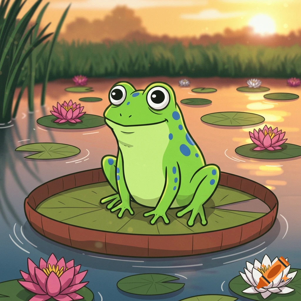 A cute cartoon frog with blue spots sits on a large lily pad in a pond with colorful water lilies at sunset.