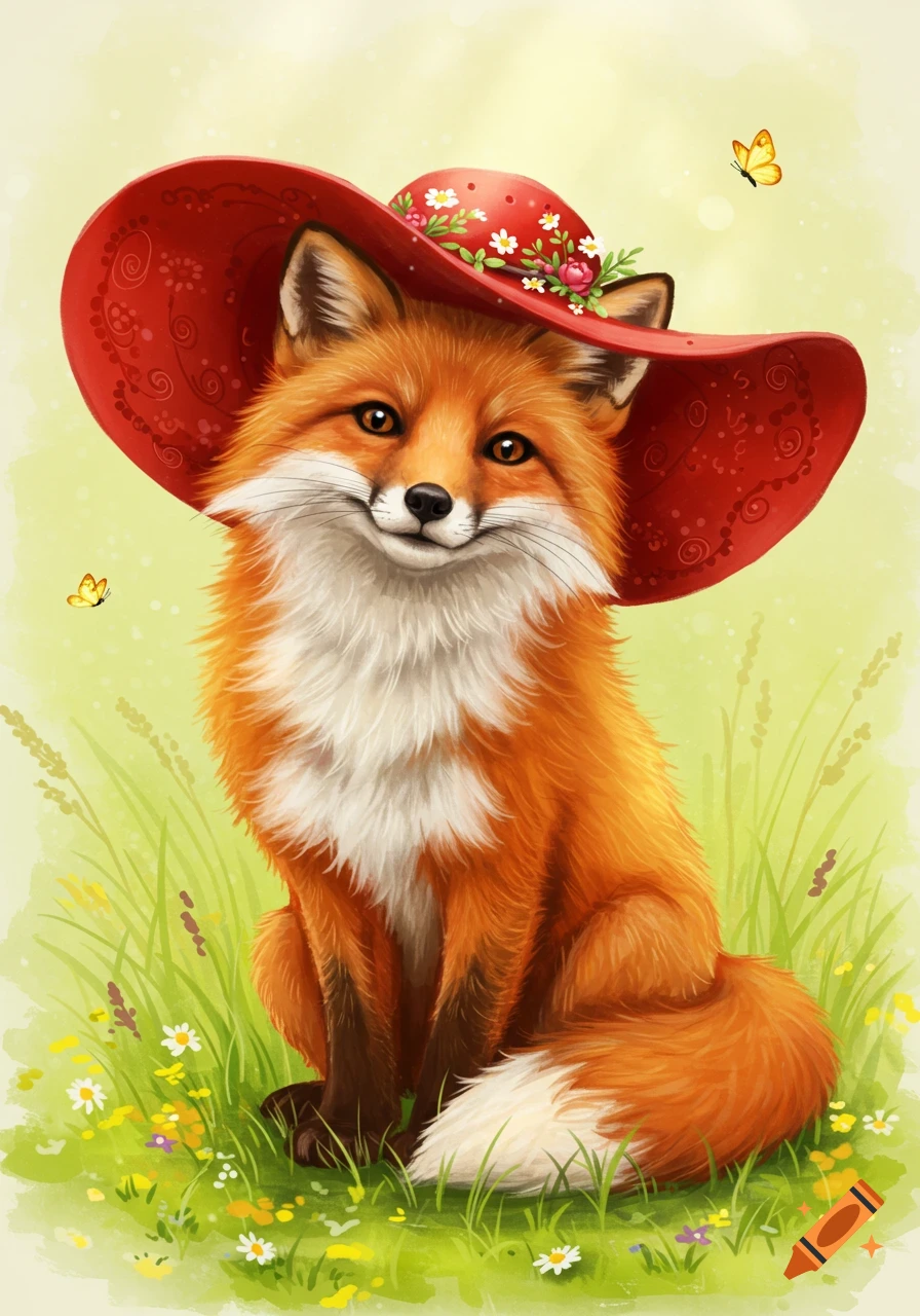A cute orange fox with white chest fur and a red hat adorned with small flowers, sitting in a vibrant green field with tiny white and yellow wildflowers.