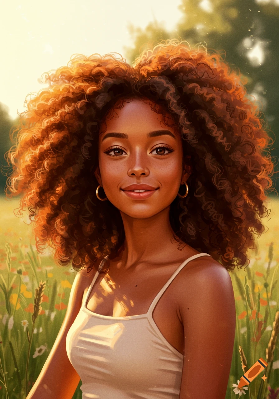 A smiling woman with dark skin and voluminous curly hair stands in a sunny field of flowers, wearing a white tank top.