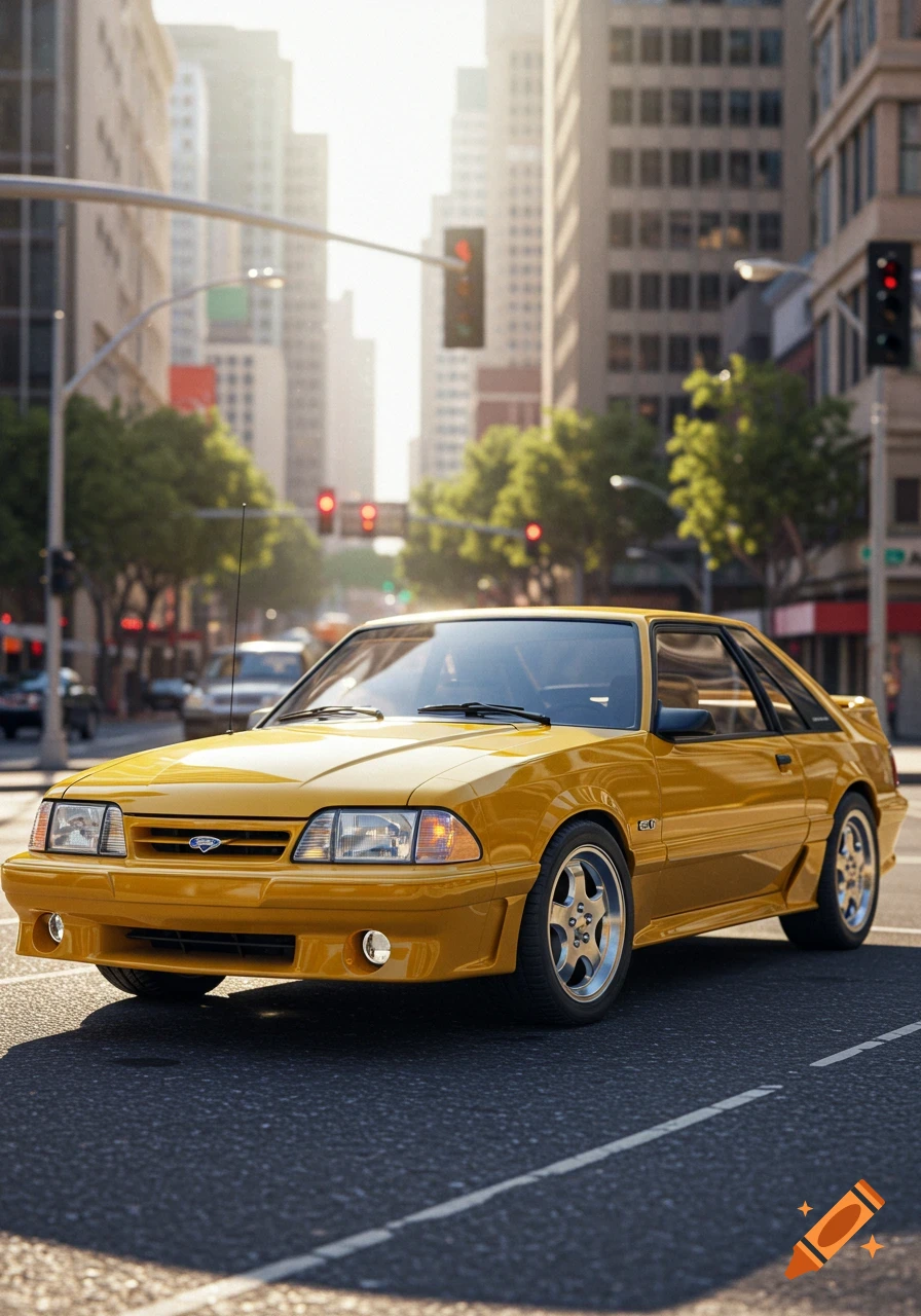 A bright yellow 1993 Ford Mustang GT coupe parked on a city street with tall buildings in the background, photorealistic.