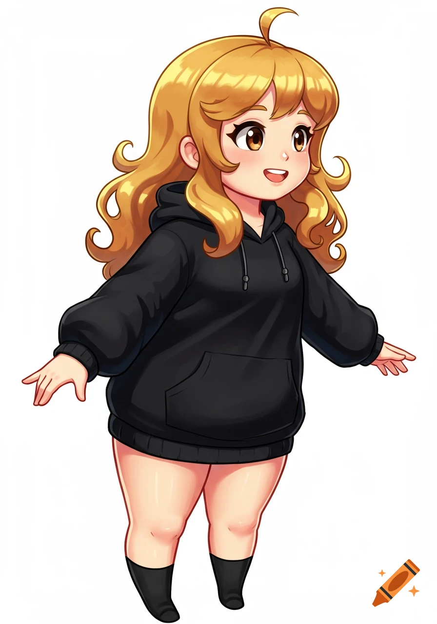 Cute chubby anime girl with blonde curly hair, brown eyes, in a black hoodie, hands outstretched, digital art style, white background.