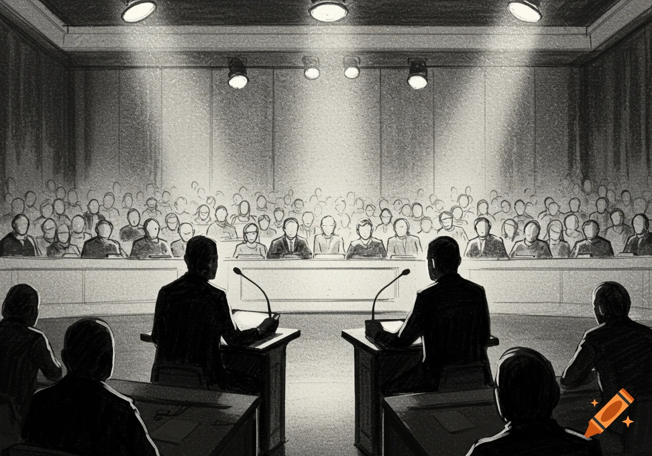 Black and white sketch showing two figures debating at podiums before a large, indistinct audience under bright spotlights.