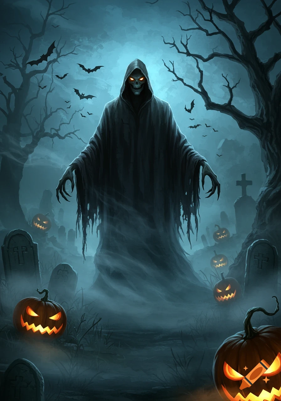A hooded grim reaper-like figure with glowing eyes stands in a misty Halloween cemetery with jack-o'-lanterns, gravestones, bare trees, and bats flying.