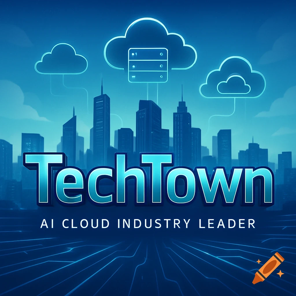 Stylized blue cityscape with "TechTown" and "AI CLOUD INDUSTRY LEADER" text. Cloud icons with servers float above the city.