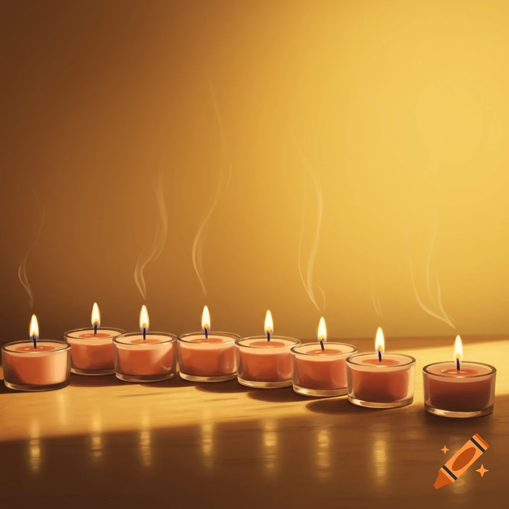 Eight realistic lit votive candles on a reflective wooden surface against a warm golden background.