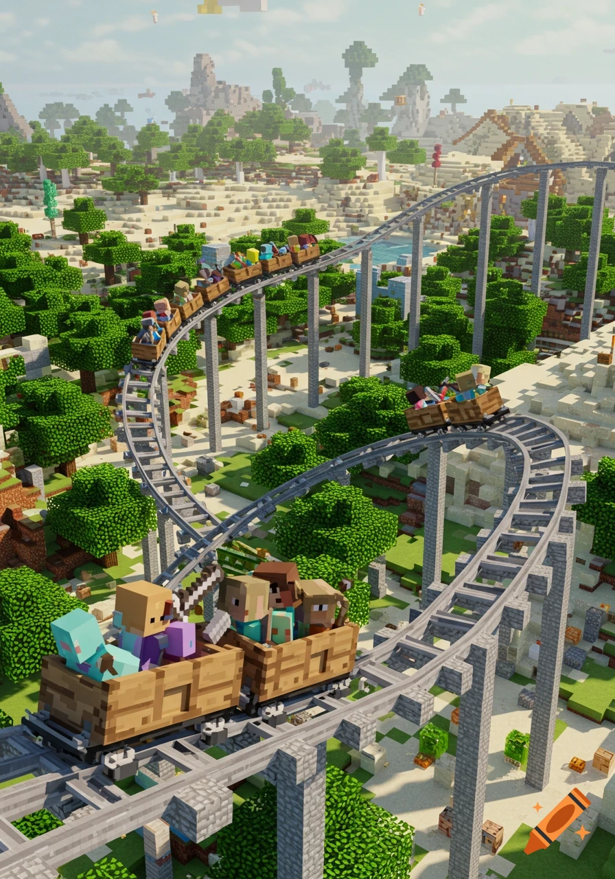 A Minecraft-style roller coaster with blocky characters in minecarts winds through a desert and forest landscape.
