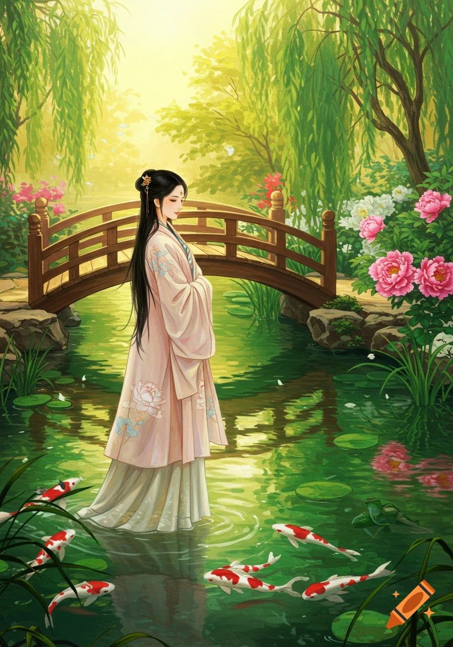 An elegant woman in a traditional Chinese dress stands in a lily pond with koi fish, surrounded by a lush garden with a wooden bridge.