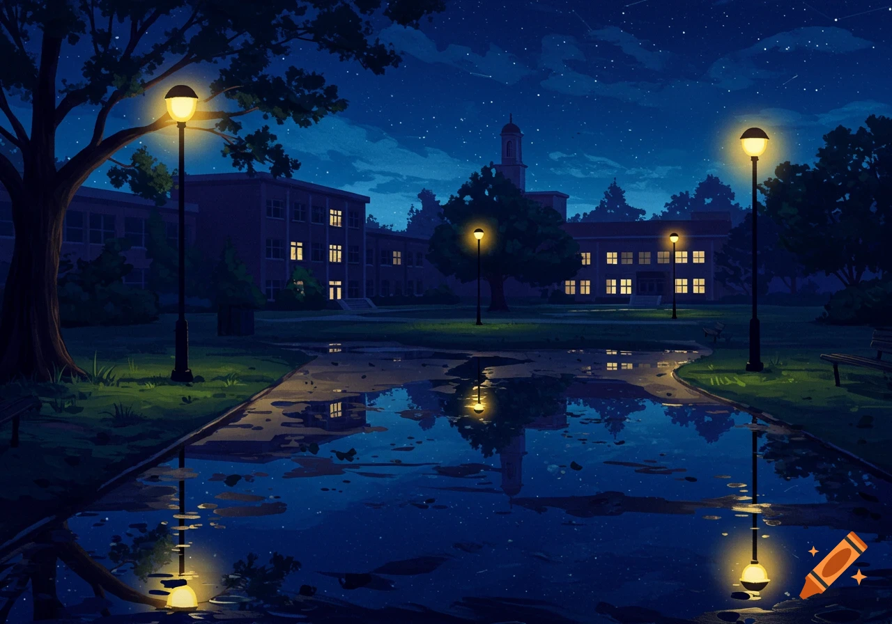Anime illustration of a school campus at night, with bright streetlights reflecting in shiny rain puddles.