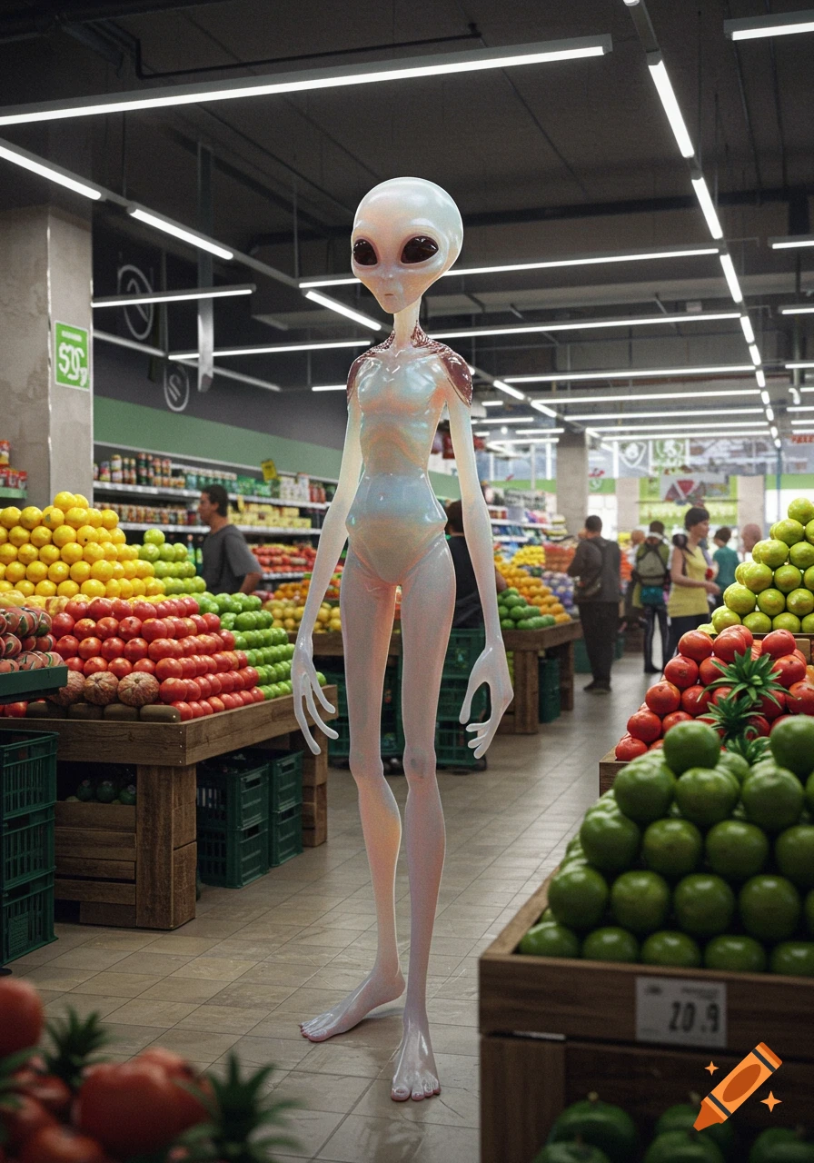 A photorealistic image of a translucent humanoid alien standing in a grocery store aisle surrounded by piles of fresh fruit.