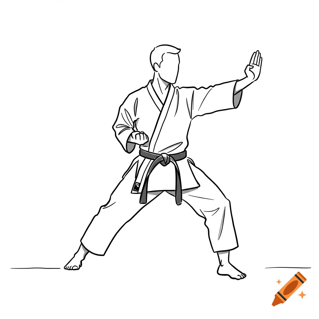 A simple black and white line art sketch of a person in a karate gi and black belt performing an age uke block.
