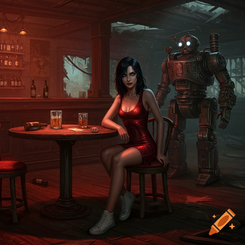 A woman in a red sparkly dress sits at a table in a ruined bar with a robot behind her, digital art.