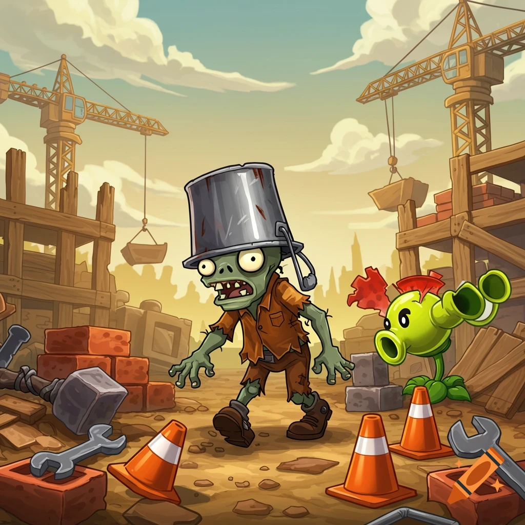A buckethead zombie and a peashooter plant from Plants vs. Zombies at a construction site, in cartoon art style.