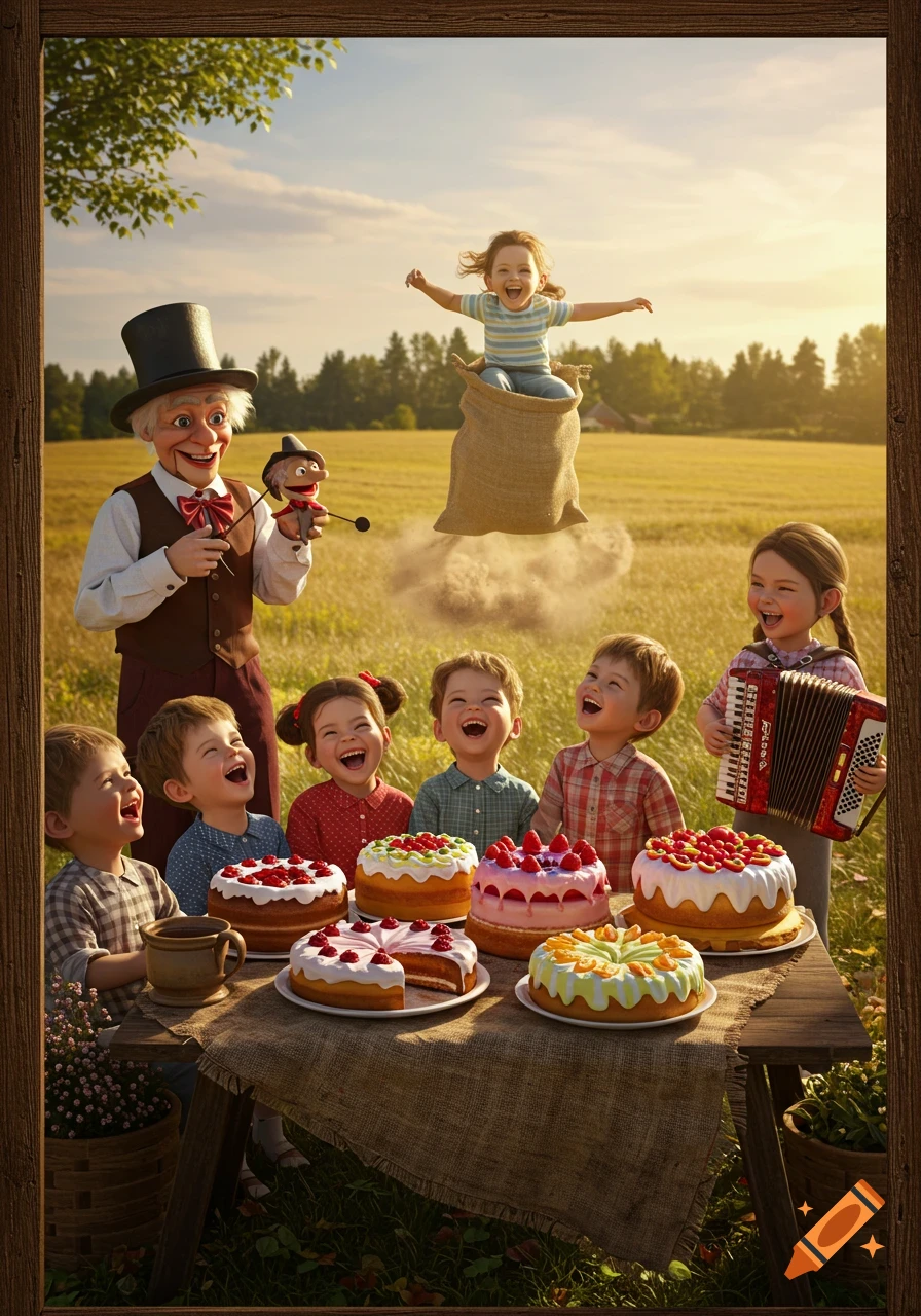 A ventriloquist and puppet entertain laughing children around a table of cakes in a sunny field, with an accordion player and a child sack-hopping in mid-air.