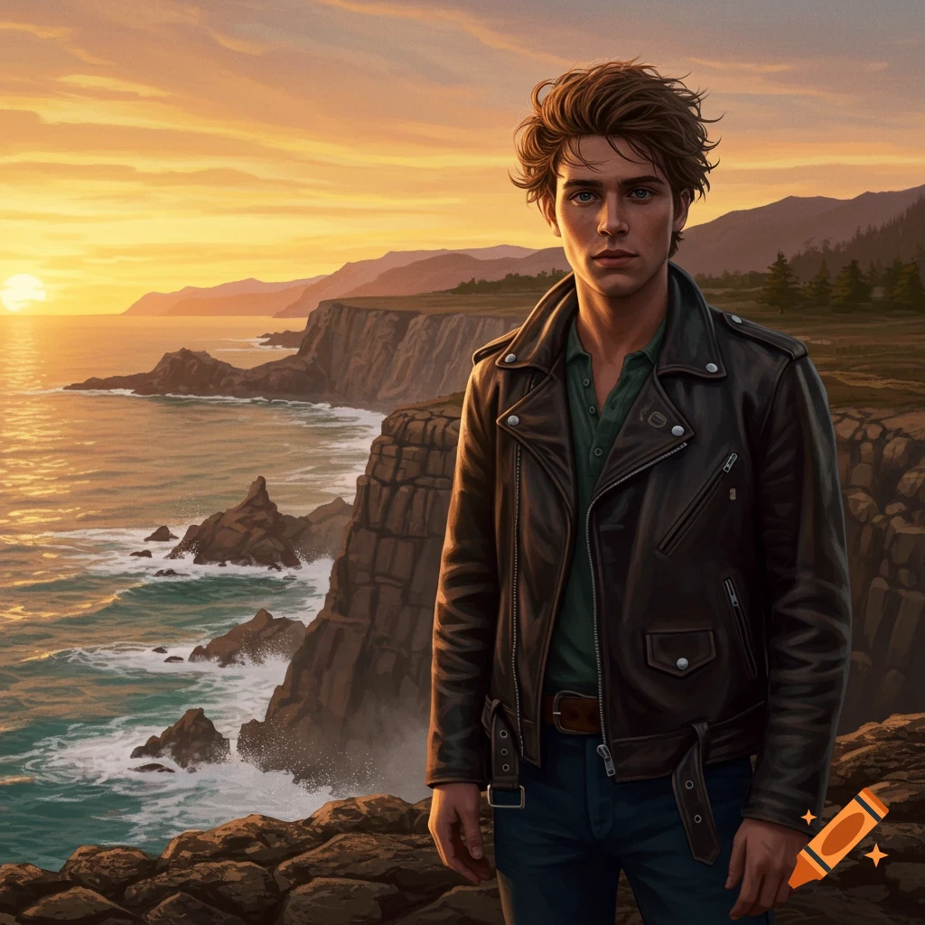 Young man in a leather jacket stands on a cliff overlooking a vibrant ocean sunset.
