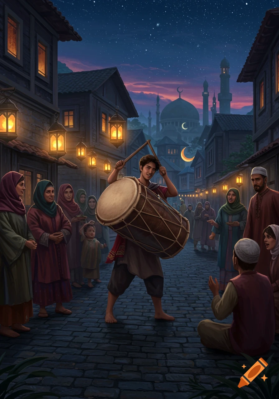A young boy plays a large drum on a cobblestone street at night, surrounded by people, lanterns, a mosque, and a crescent moon under a starry sky.