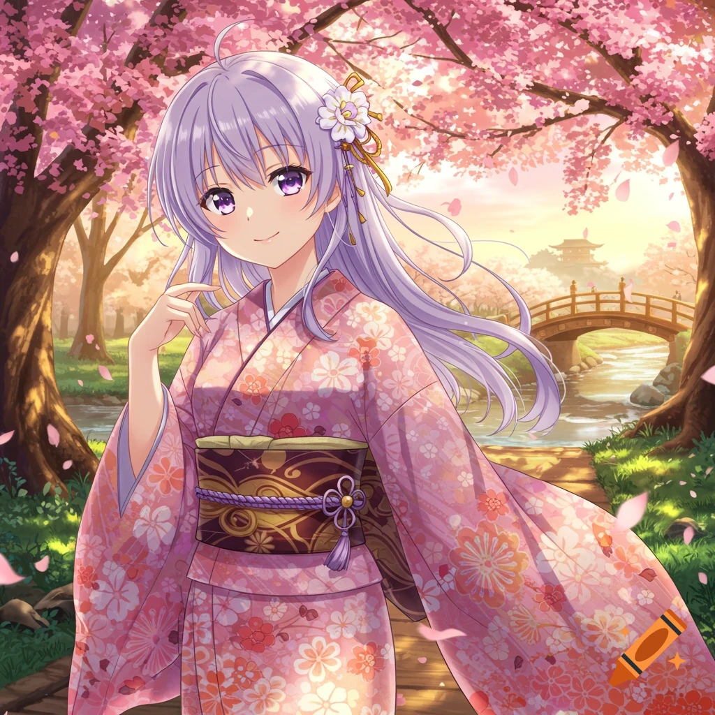 An anime girl with purple hair in a pink floral kimono smiles under blooming cherry blossom trees, with a bridge and pagoda in the background.