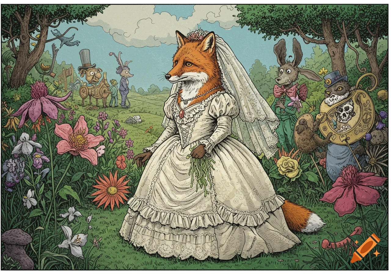 A fox in a wedding dress stands in a whimsical, overgrown garden with other anthropomorphic animals, in Robert Crumb style.