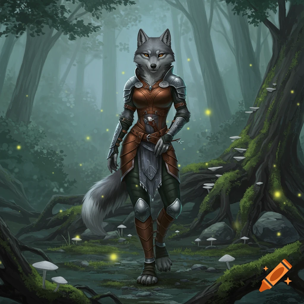 A gray female anthropomorphic wolf in brown leather and silver fantasy armor walks through a misty forest with glowing fireflies.