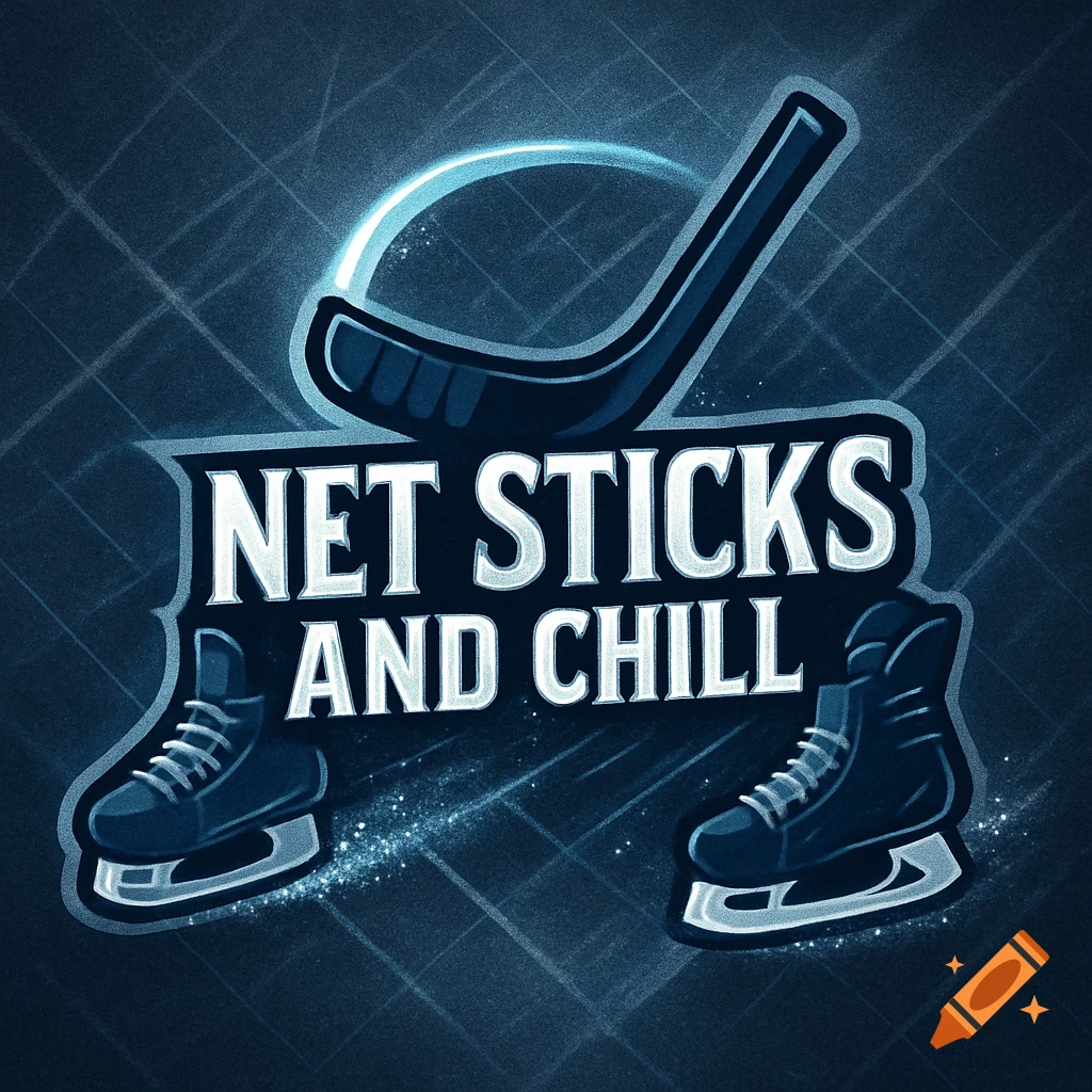Blue and white logo for "Net Sticks And Chill" featuring a hockey stick, two ice skates, and icy glowing effects.